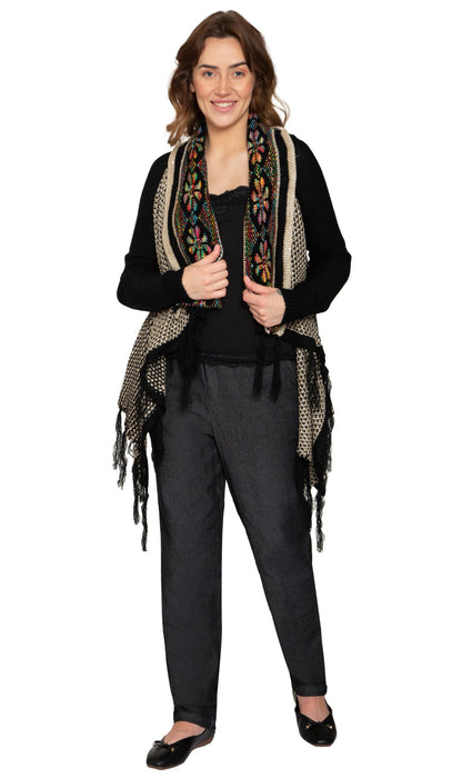 Women's Open Front Fringed Jacquard Weave Long Cardigan