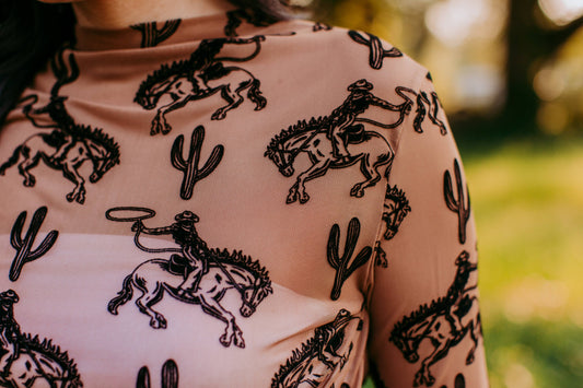 Velvet Cactus & Cowboys Brown Mesh Top – Western Print 3D Cactus & Cowboy Design