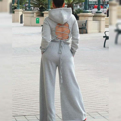 2-Piece: Drawstring Open Back Loose Trouser Legs Suit