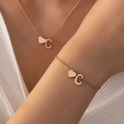 2-Piece Set: Metal Heart And English Letter Necklace And Bracelet