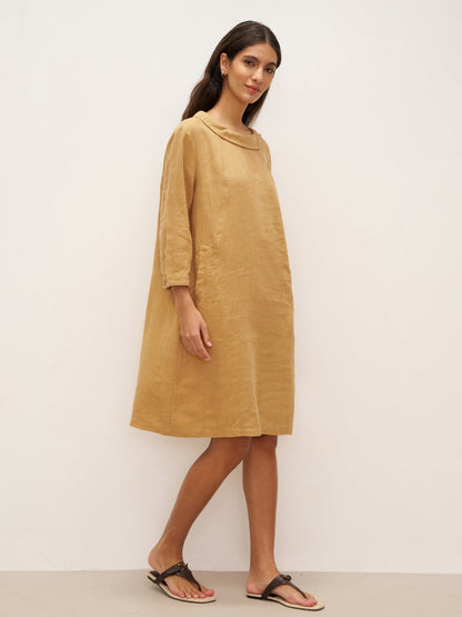 100% Linen Round Soft-Fold Collar Midi Dress DORALEE