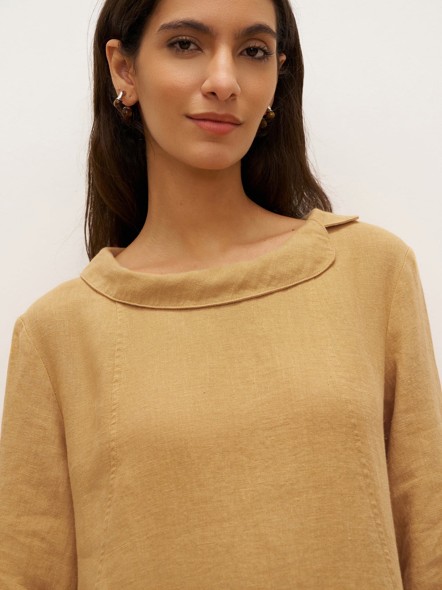 100% Linen Round Soft-Fold Collar Midi Dress DORALEE