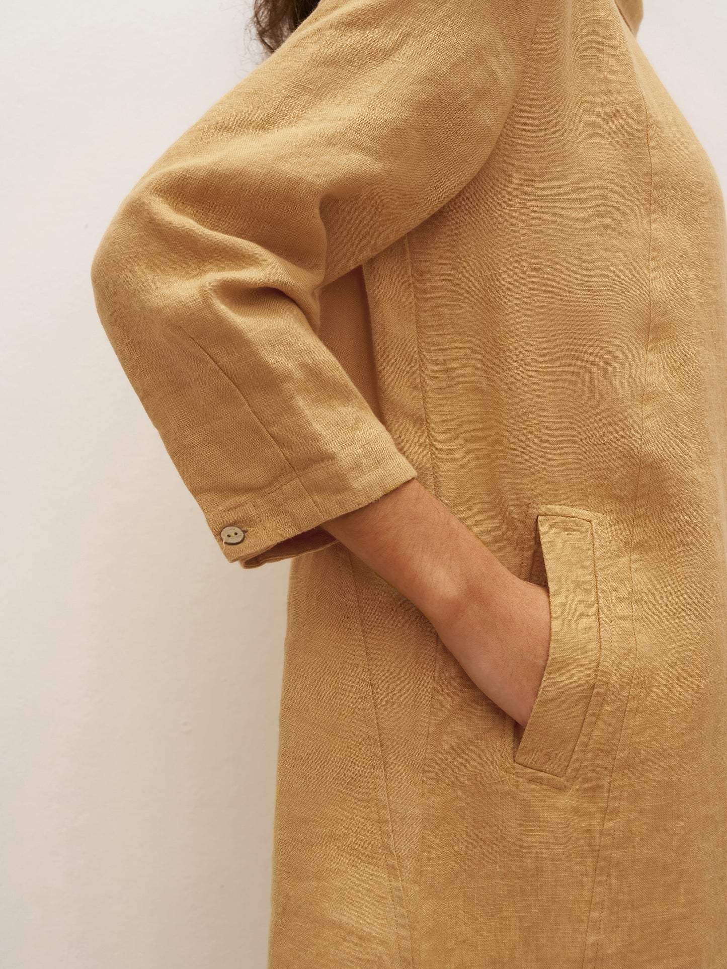 100% Linen Round Soft-Fold Collar Midi Dress DORALEE