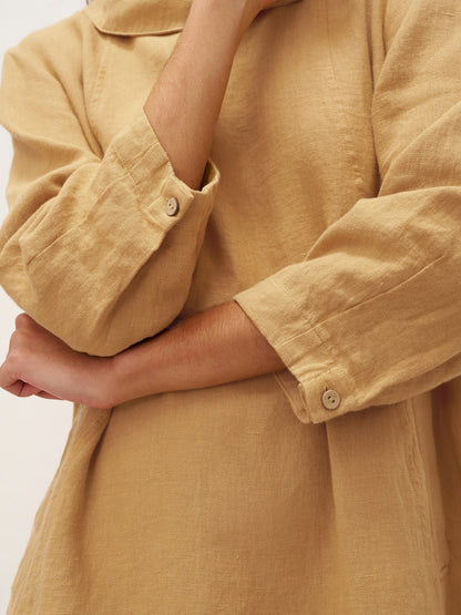 100% Linen Round Soft-Fold Collar Midi Dress DORALEE