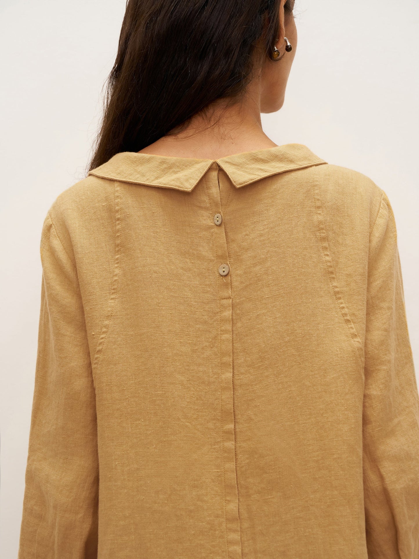 100% Linen Round Soft-Fold Collar Midi Dress DORALEE