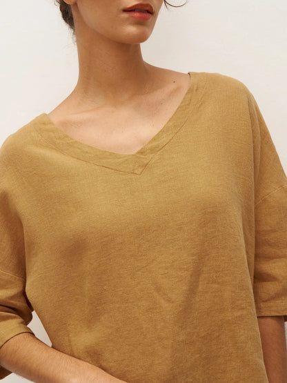 100% Linen V-Neck 3/4 Length Sleeve Top DORA