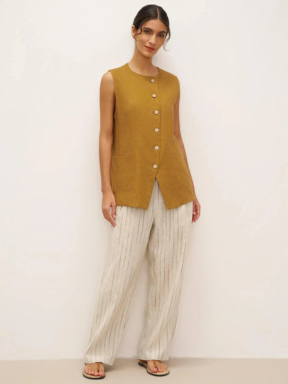 100% Linen Arc-Placket Button-Front Vest ELFRIDA