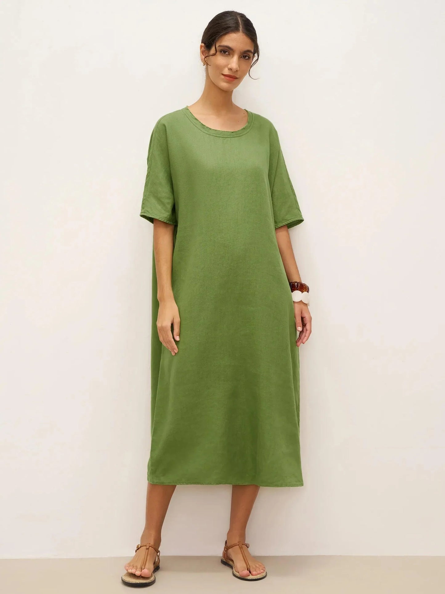 100% Linen Oversized O-Line Belted Midi Dress LORETTA—Multi-Way Wear