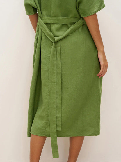 100% Linen Oversized O-Line Belted Midi Dress LORETTA—Multi-Way Wear
