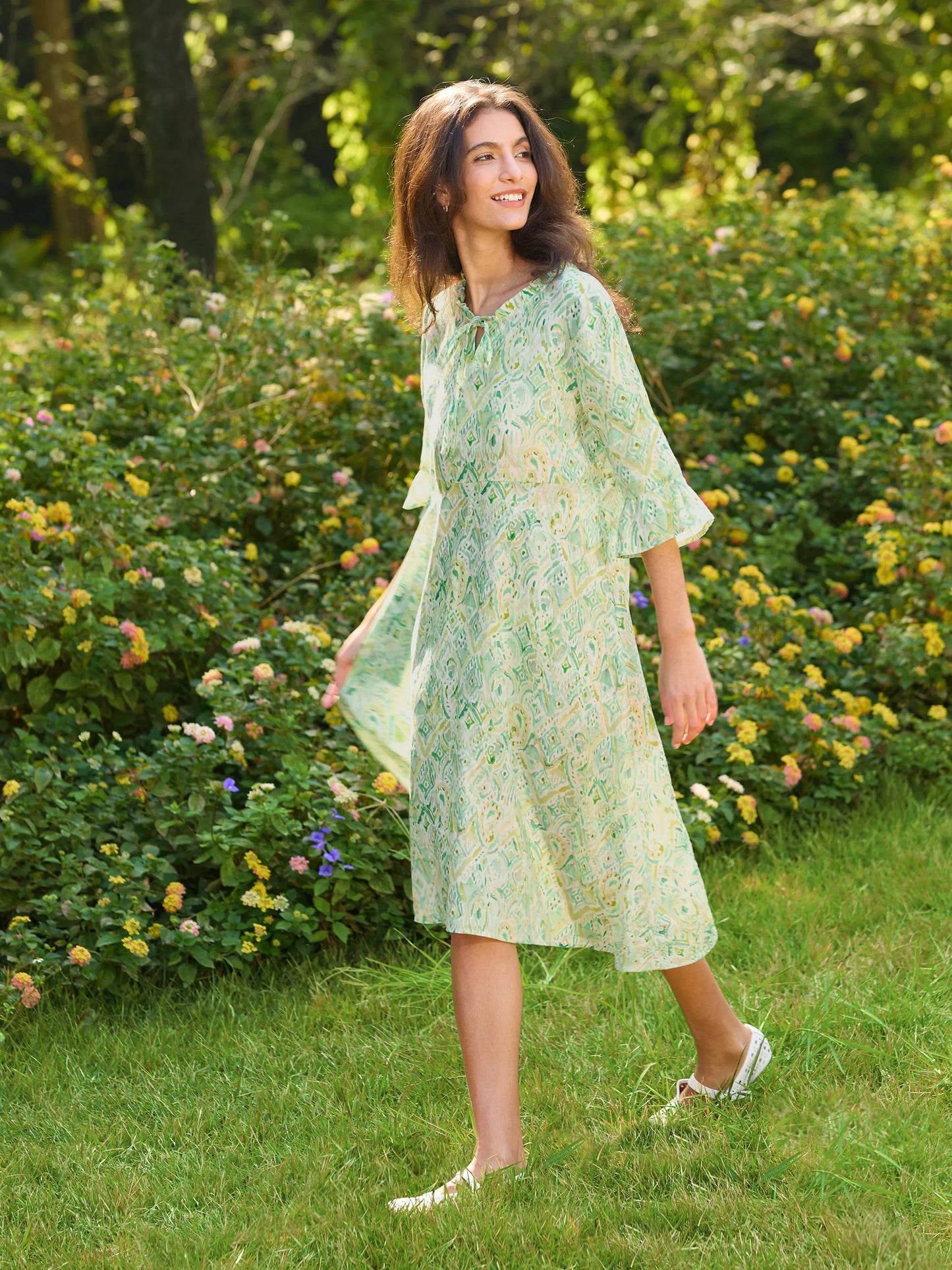 100% Linen A-Line Ruffled Collar Tie-Neck Midi Dress LIVIA