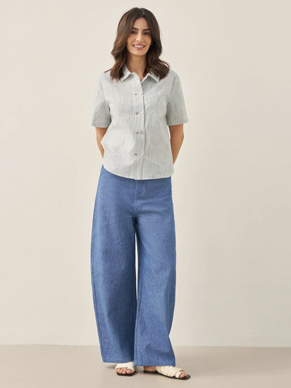 Linen Double-Breasted Artistic Stripe Shirt JUNO