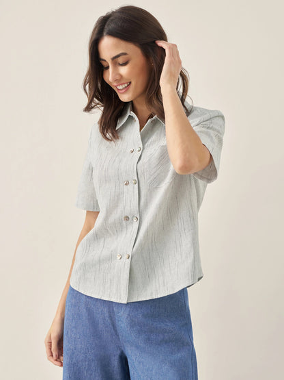 Linen Double-Breasted Artistic Stripe Shirt JUNO