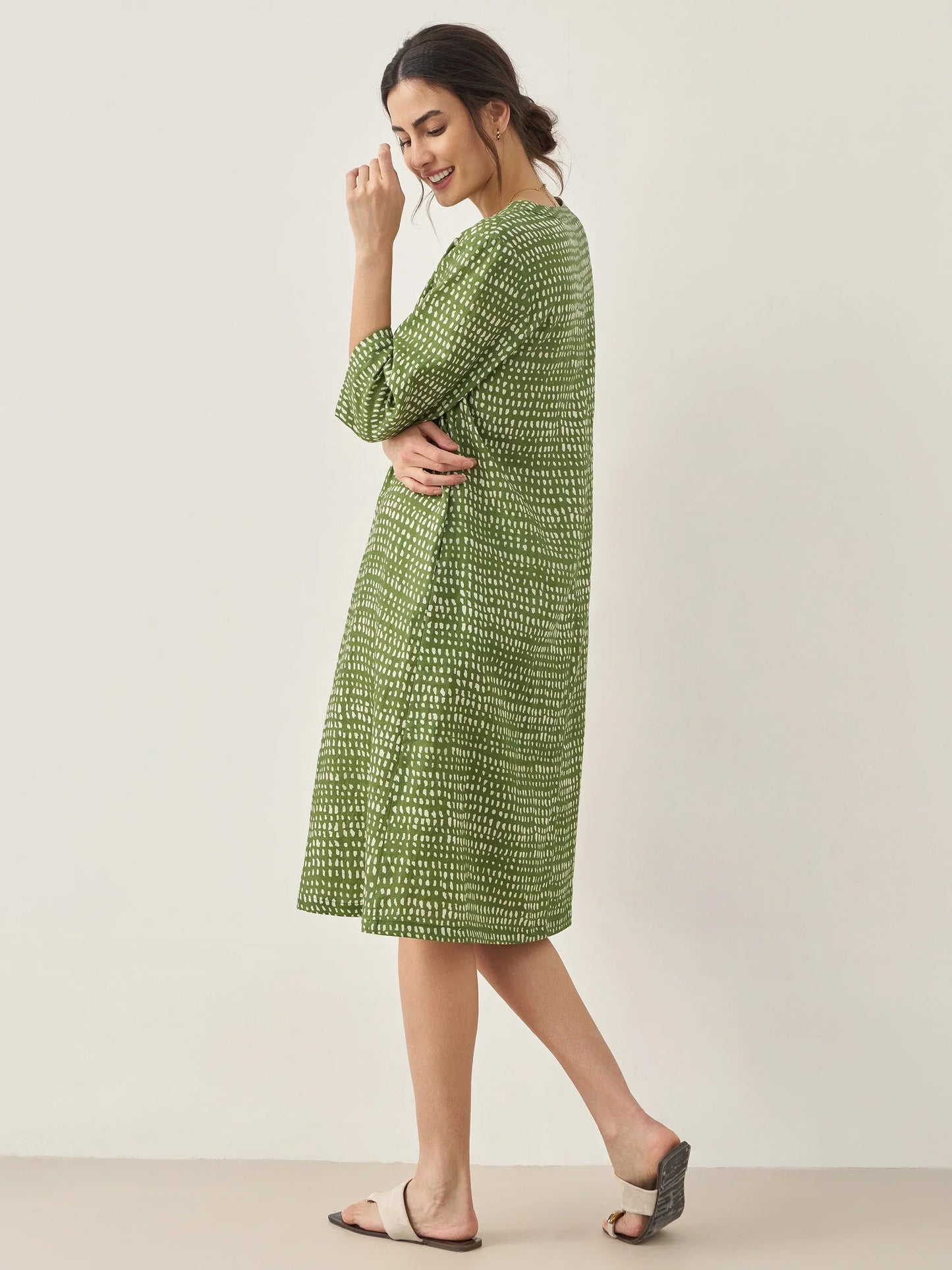 100% Linen V-Neck Dot Midi Dress LIRA