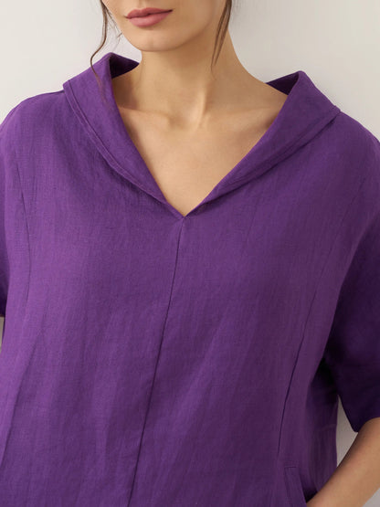 100% Linen V-Neck Pullover Midi Dress AUBREY