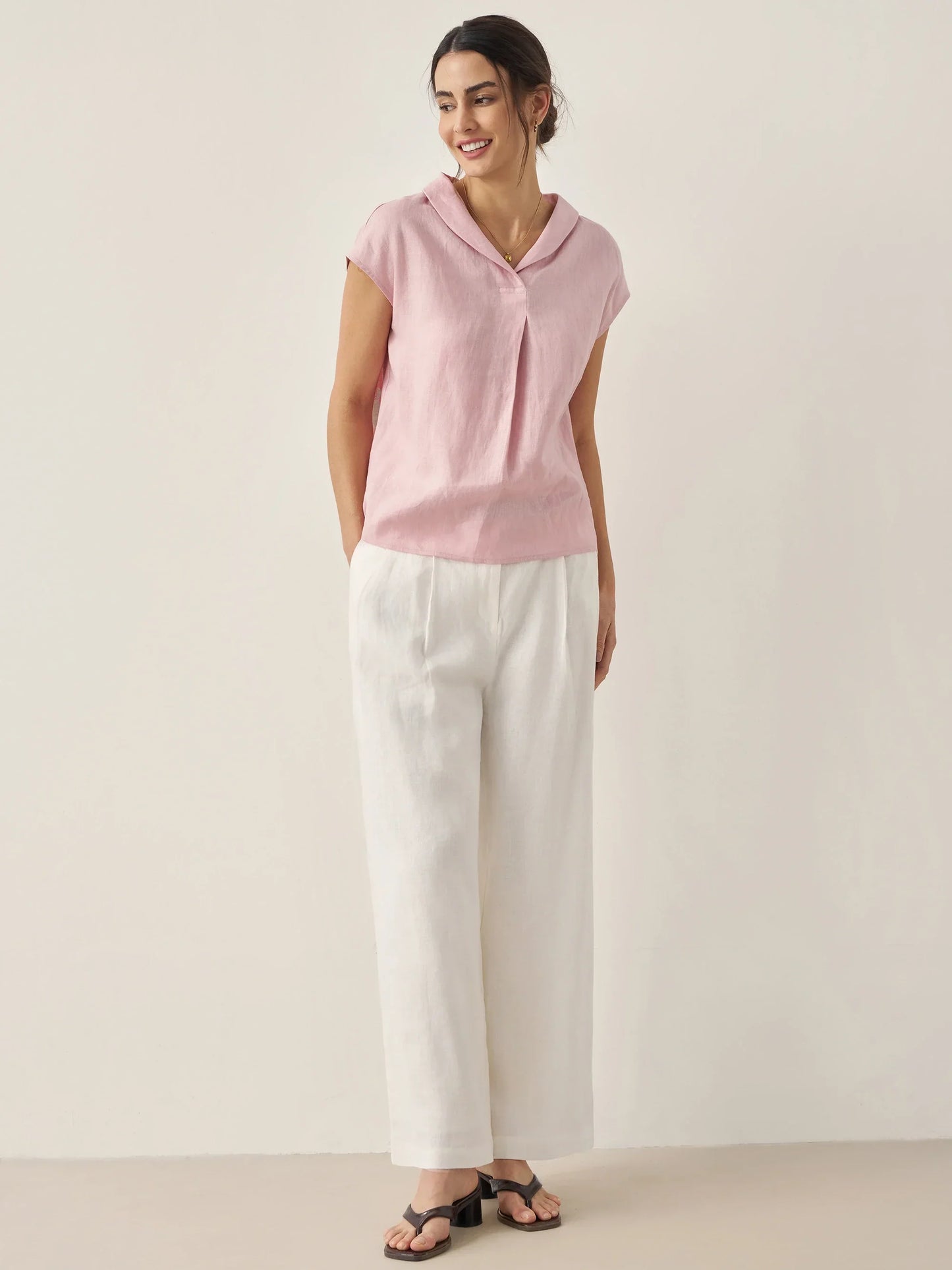 100% Linen Shawl V-Neck Cap Sleeves Top ELARA