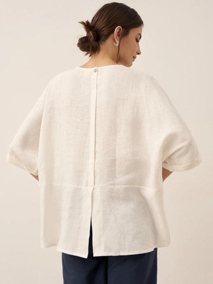 100% Linen Round Neck Mid-Sleeve Top ROBYN