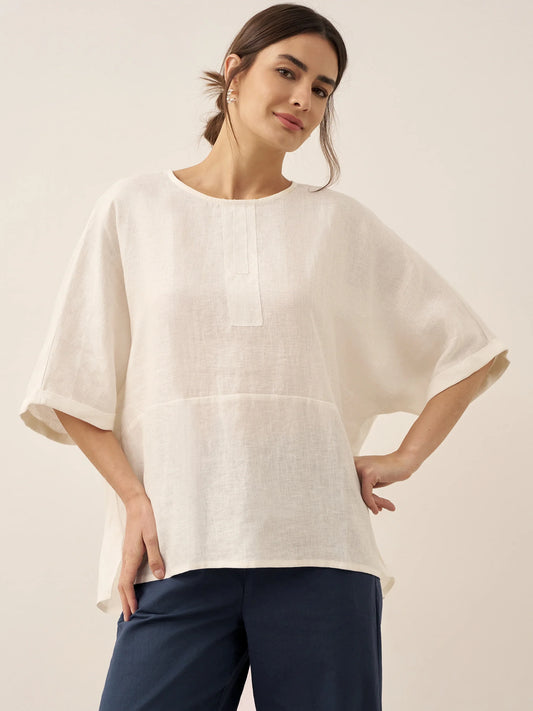 100% Linen Round Neck Mid-Sleeve Top ROBYN