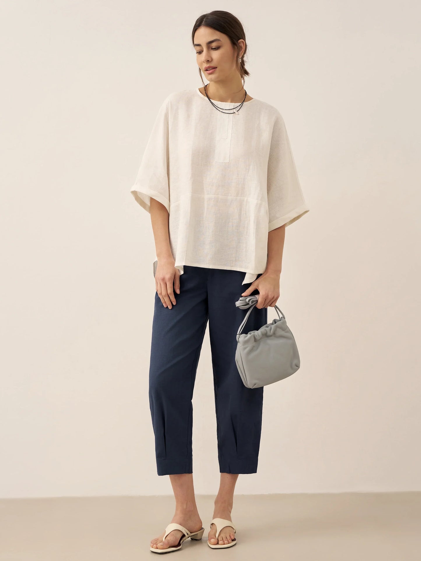 100% Linen Round Neck Mid-Sleeve Top ROBYN
