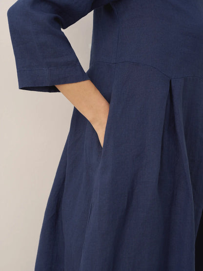 100% Linen Bateau Neck Pleated Maxi Dress ABIGAIL
