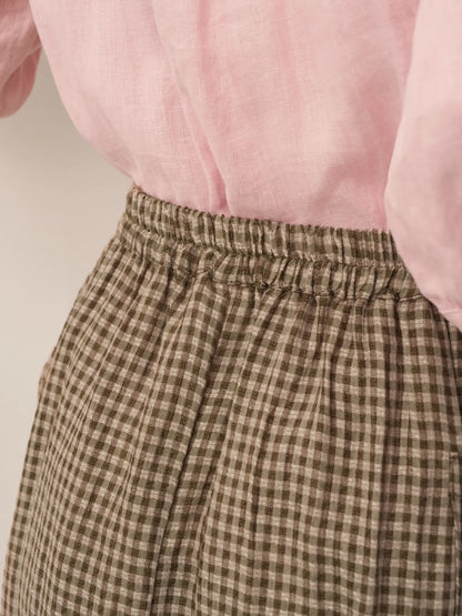 Linen Checked Elastic Waist Skirt ONYX