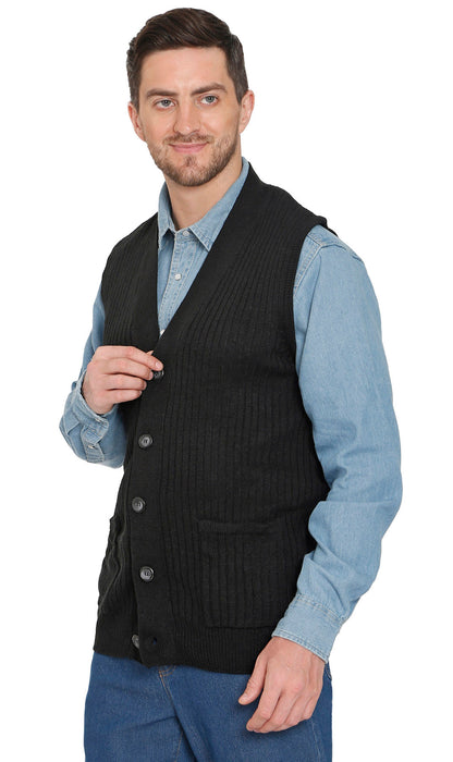 Men's Button Front Rib Knit Sweater Vest with Pockets — Relaxed Fit