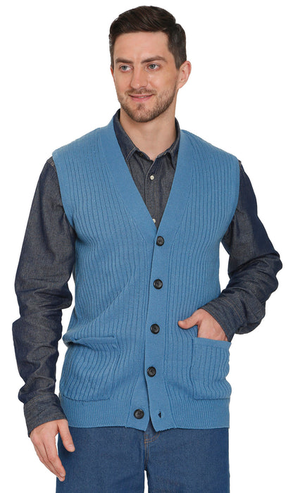 Men's Button Front Rib Knit Sweater Vest with Pockets — Relaxed Fit