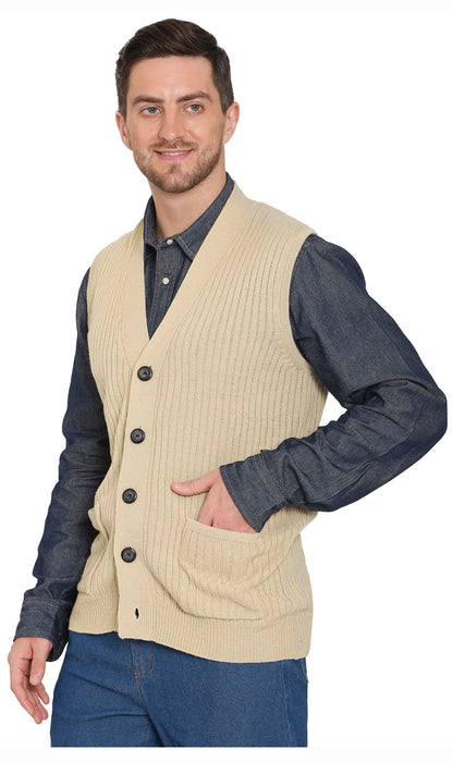 Men's Button Front Rib Knit Sweater Vest with Pockets — Relaxed Fit