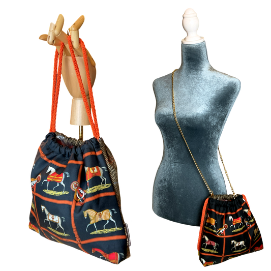 Petites Chevaux Noir Vintage Silk Scarf Drawstring Crossbody Bag