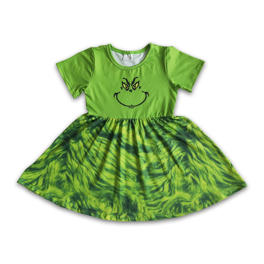 Green face screen print baby girls Christmas dresses