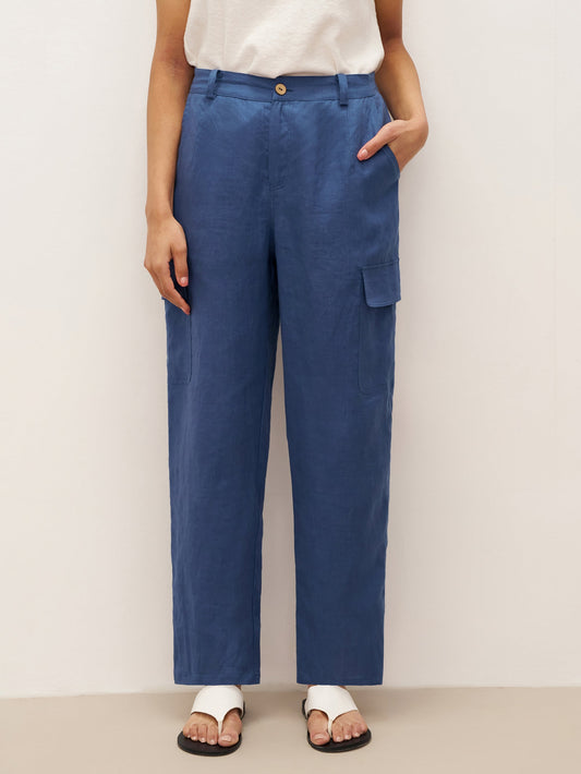 100% Linen Cargo Tapered Trousers with Patch Pockets JESSE