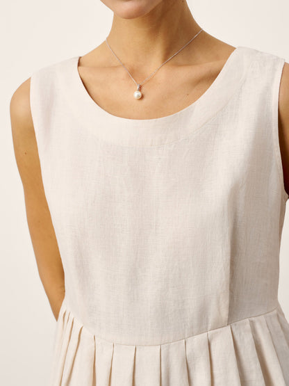100% Linen Sleeveless Crew Neck Waist Pleated Maxi Dress SELENE