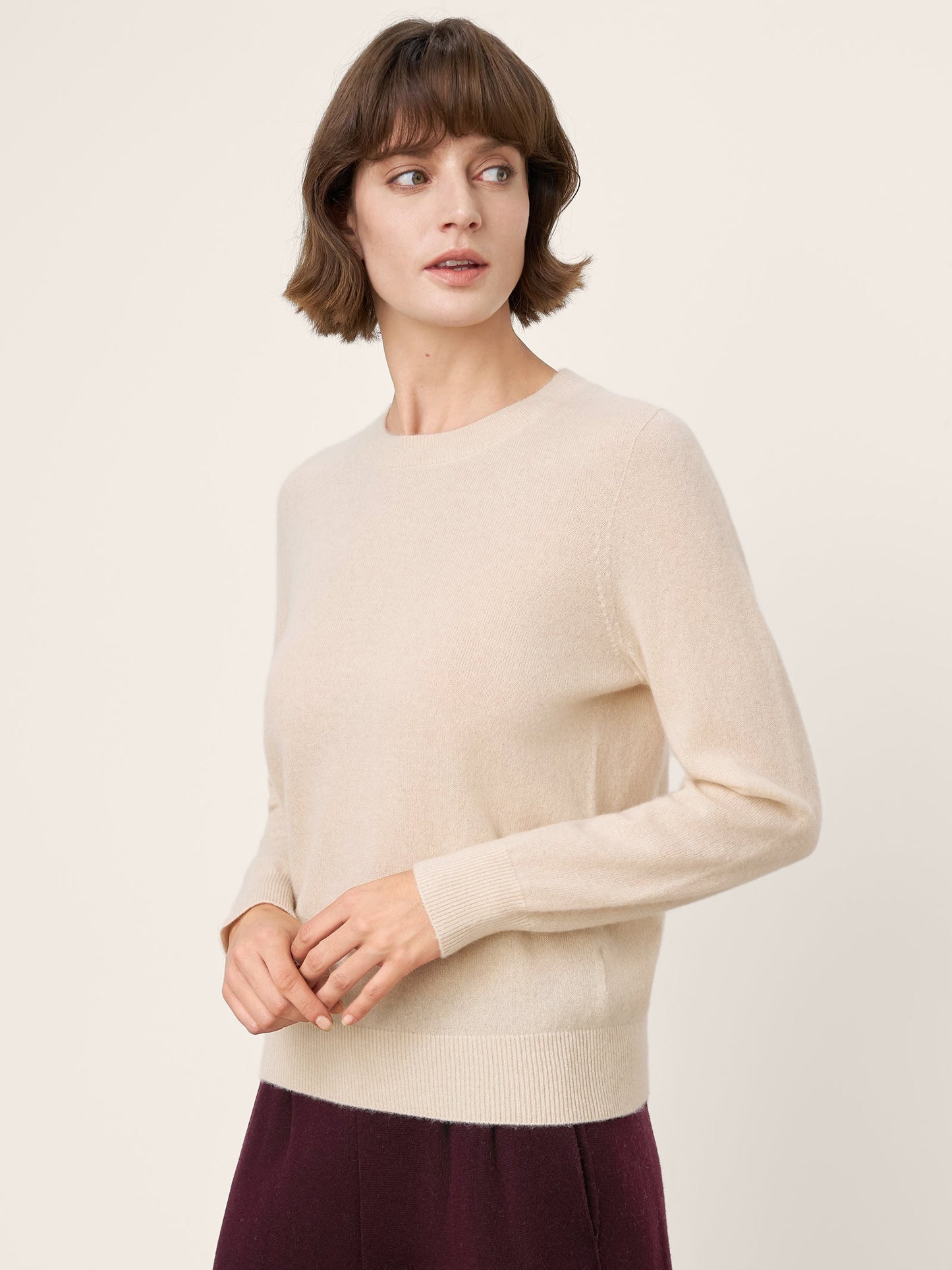 100% Mongolian Cashmere Seamless Ribbed Trims Crewneck Sweater TAWNY