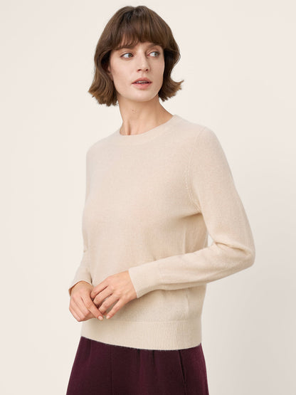 100% Mongolian Cashmere Seamless Ribbed Trims Crewneck Sweater TAWNY