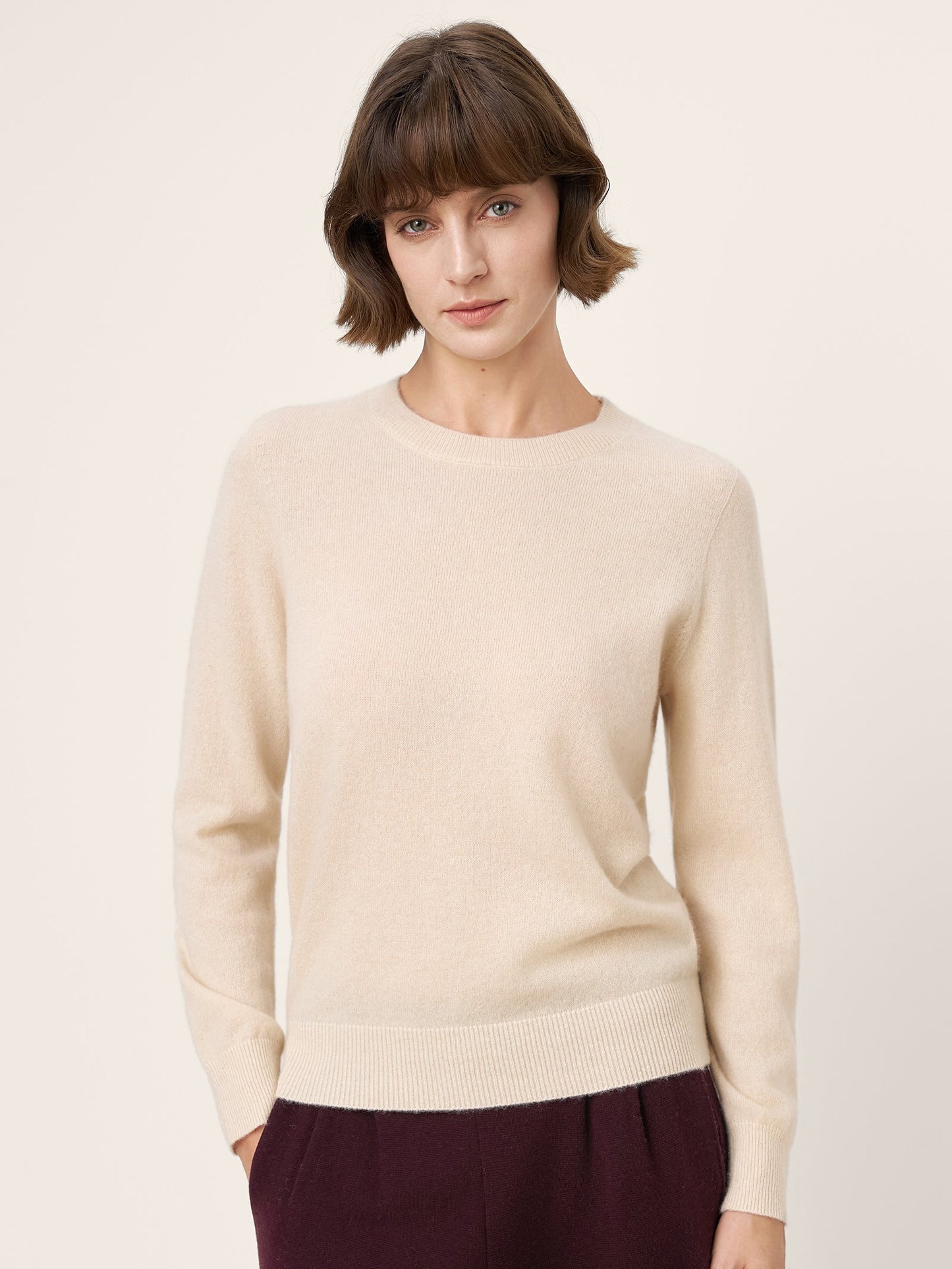 100% Mongolian Cashmere Seamless Ribbed Trims Crewneck Sweater TAWNY