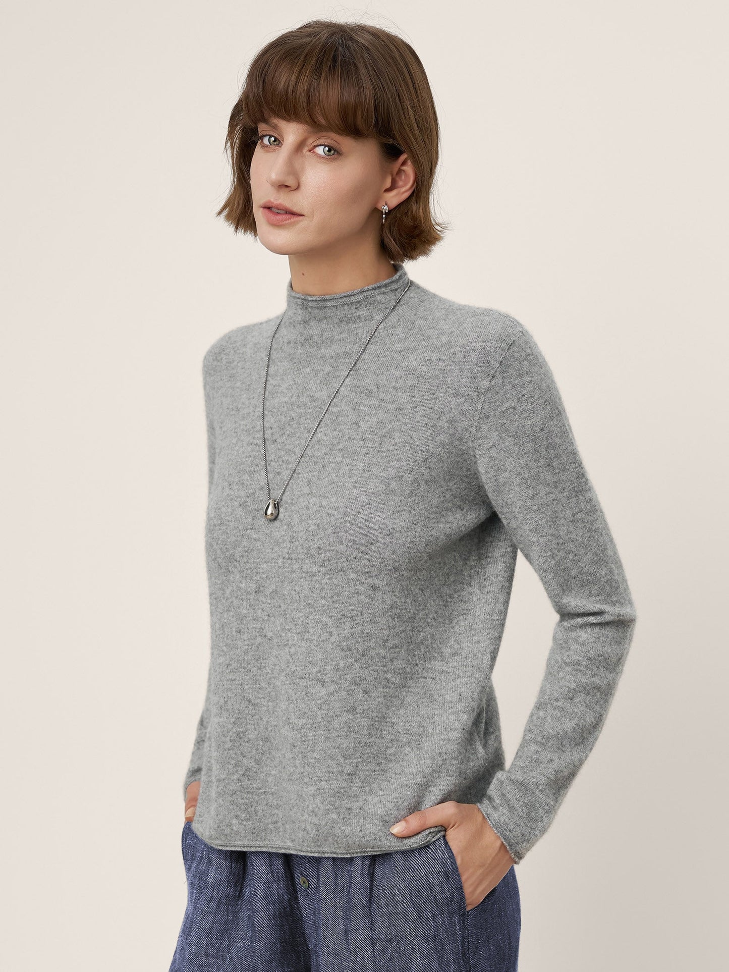 Premium Cashmere Blend Hand-Finished Seamless Mock Neck Lettuce Edge Sweater ZELIE
