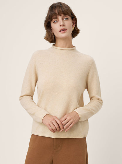 Premium Cashmere Blend Hand-Finished Seamless Mock Neck Lettuce Edge Sweater ZELIE