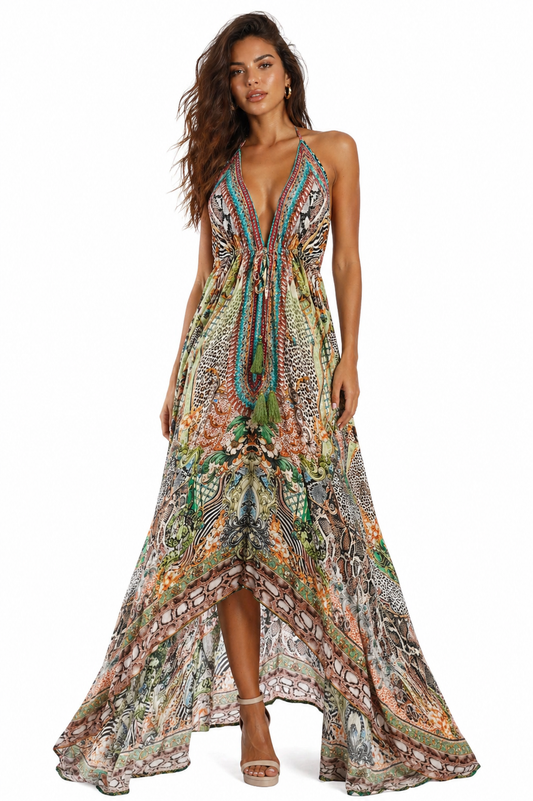 Green Abstract Print Halter Maxi Dress - Boho Resort & Vacation Wear for Women