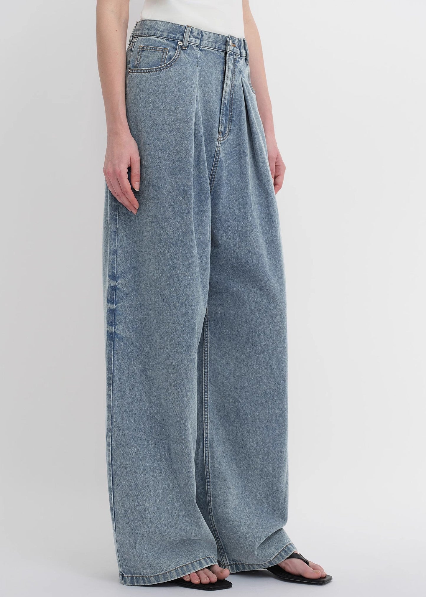Soft Tencel Cotton Light Structure Pleated Loose Straight Wide Leg Jeans for Women
