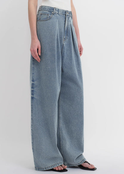 Soft Tencel Cotton Light Structure Pleated Loose Straight Wide Leg Jeans for Women