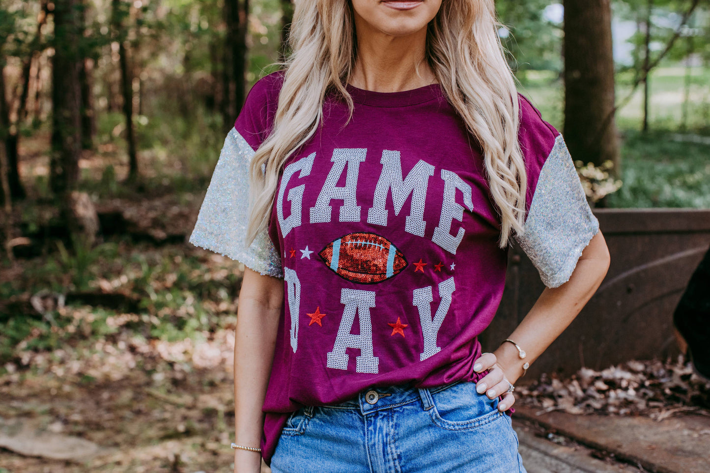 Sequins Embroidery Game Day Tee – Burgundy Sequin Sleeve T-Shirt | Merigold Kiss