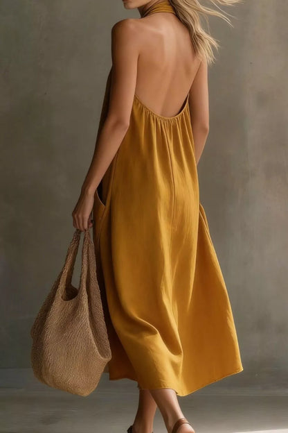 Casual Halter Neck Pocket Midi Dress