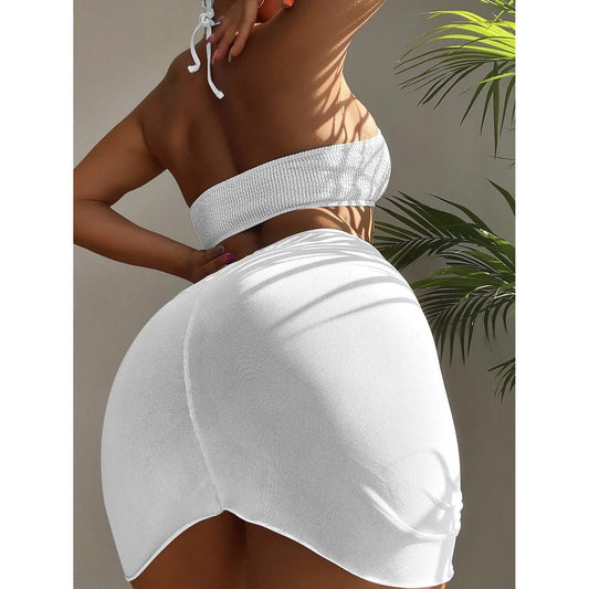 3-Pack: Textured Ring Linked Halter Bikini Swimsuit & Beach Skirt