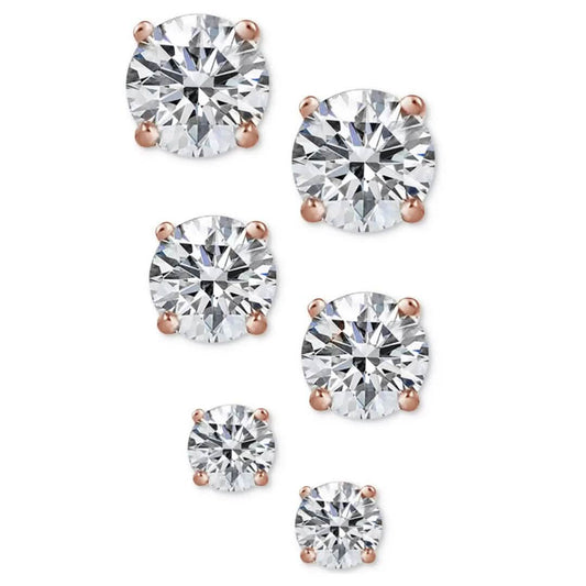 3-Pair Set: Sterling Silver Crystal Stud Earrings