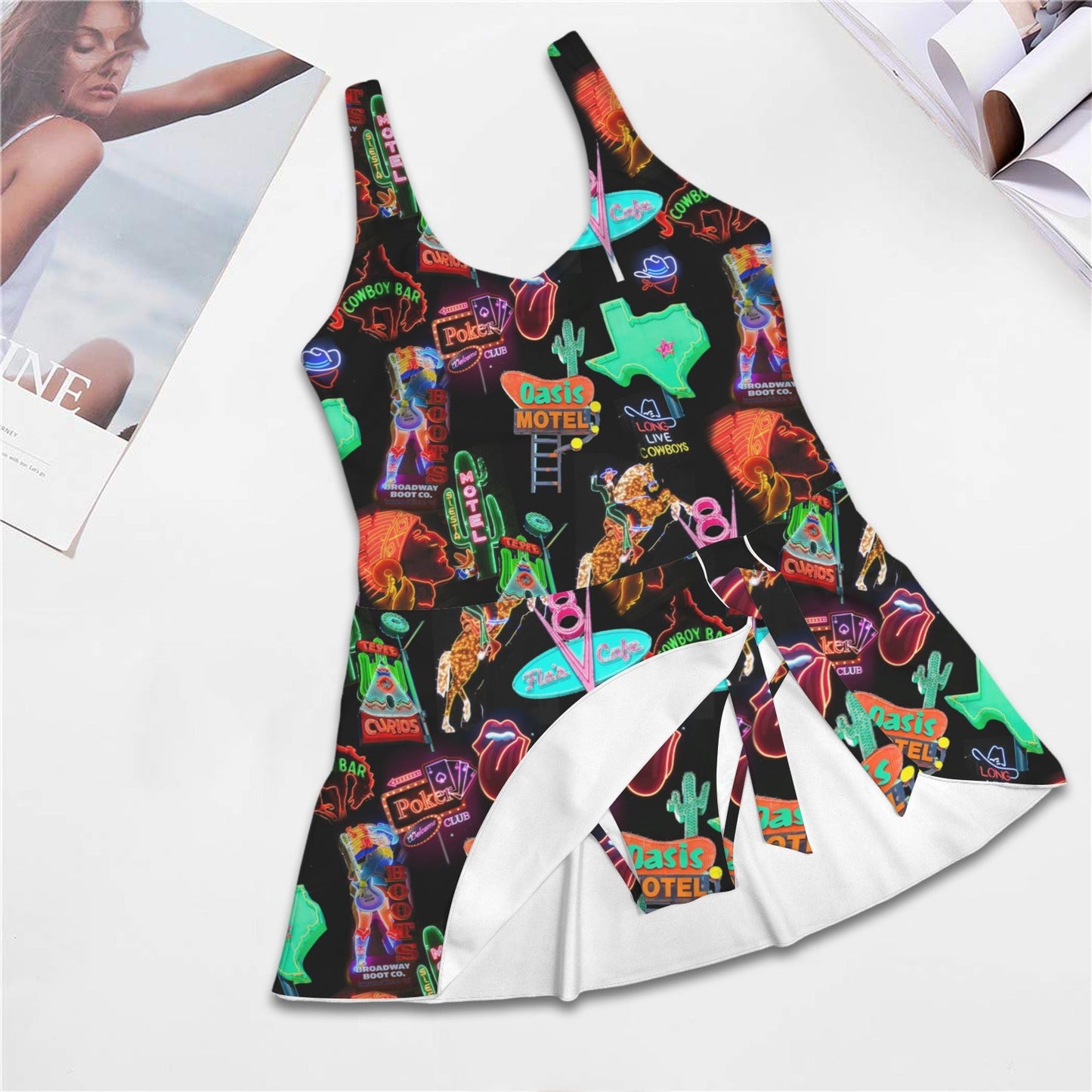 Baha Ranch Vegas Neon Skirted Swimsuit