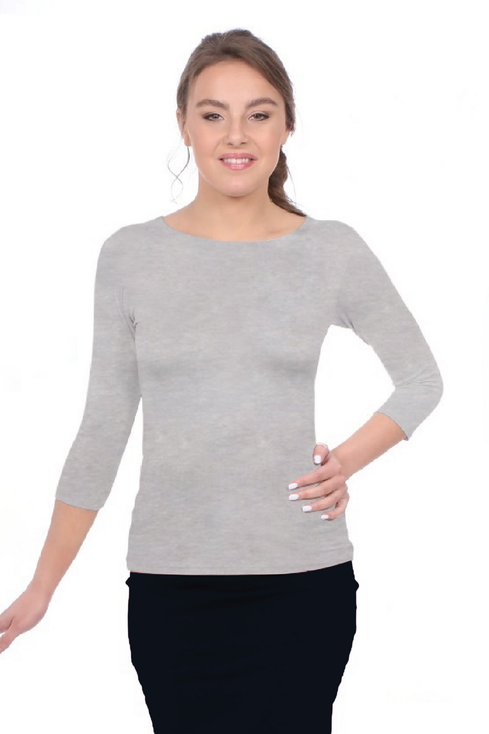 3/4 Sleeve T-Shirt High Round Neckline Slim-Fit