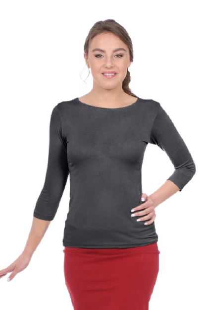 3/4 Sleeve T-Shirt High Round Neckline Slim-Fit