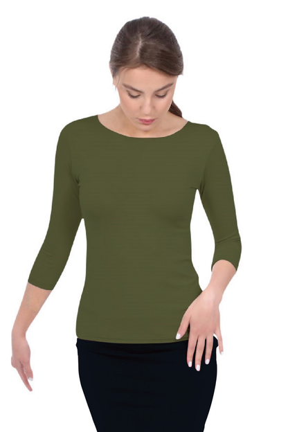 3/4 Sleeve T-Shirt High Round Neckline Slim-Fit
