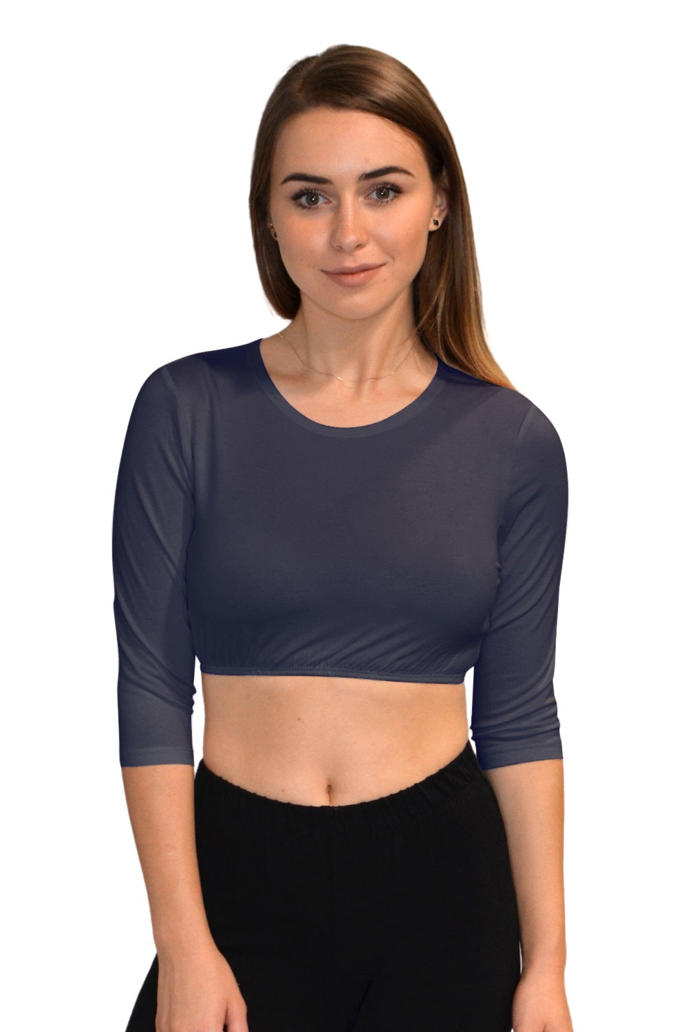 Plus Size Crop Top 3/4 Sleeve with Jewel Neckline