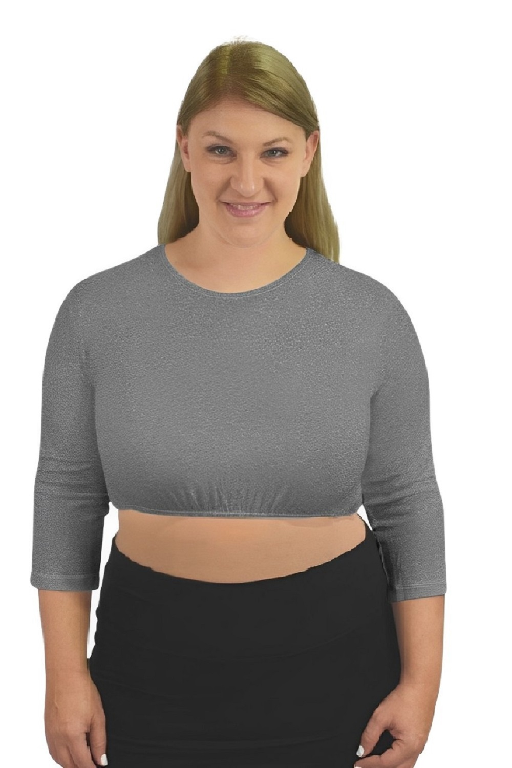 Plus Size Crop Top 3/4 Sleeve with Jewel Neckline