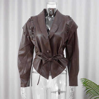 PU Leather Strap-Up Short Jacket – V-Neck Long Sleeve Streetwear